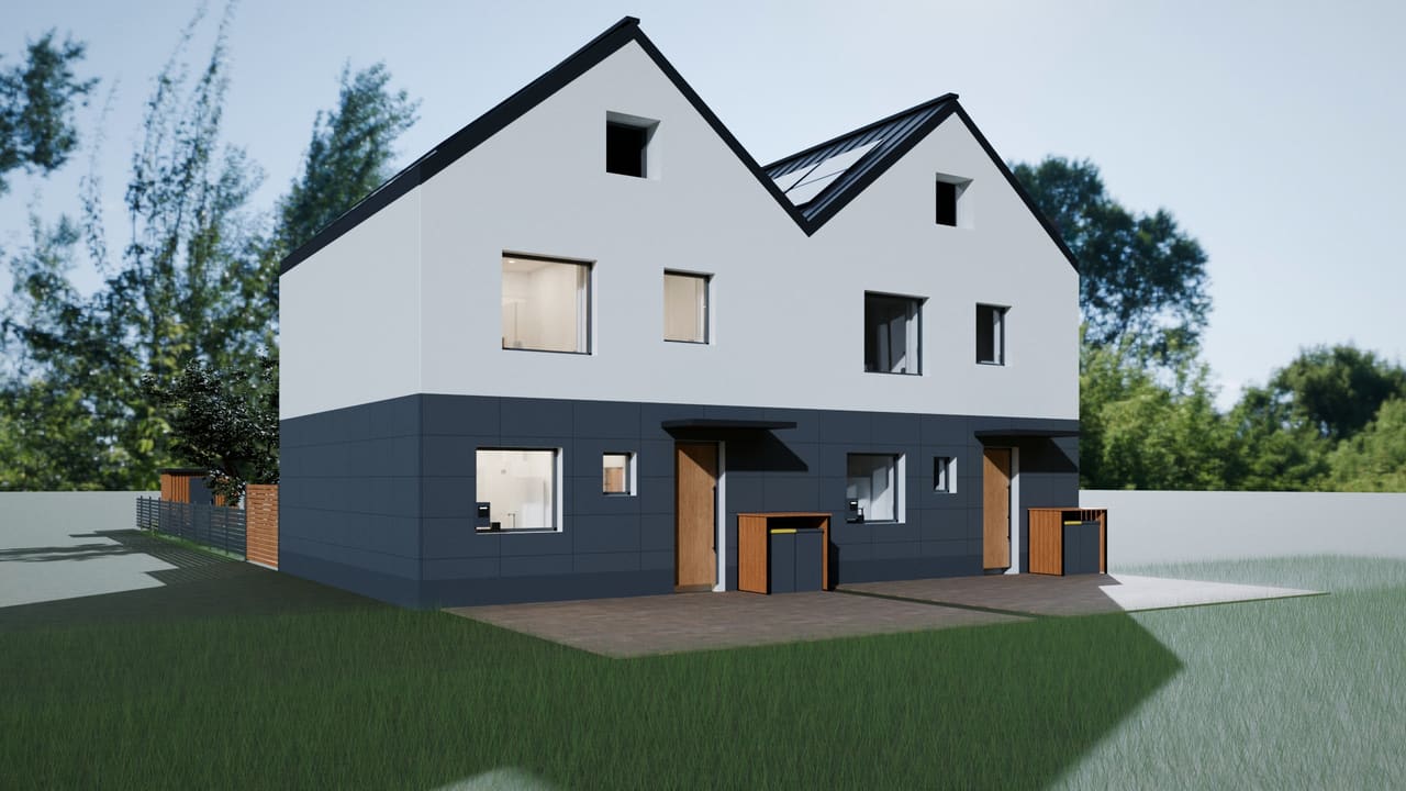 Rendering: the two Dvojdomek semi-detached homes from the street – anthracite cladding on the ground floor, white render above, anthracite gable roofs